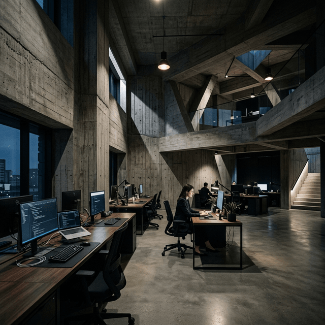 Concrete brutalist office architecture